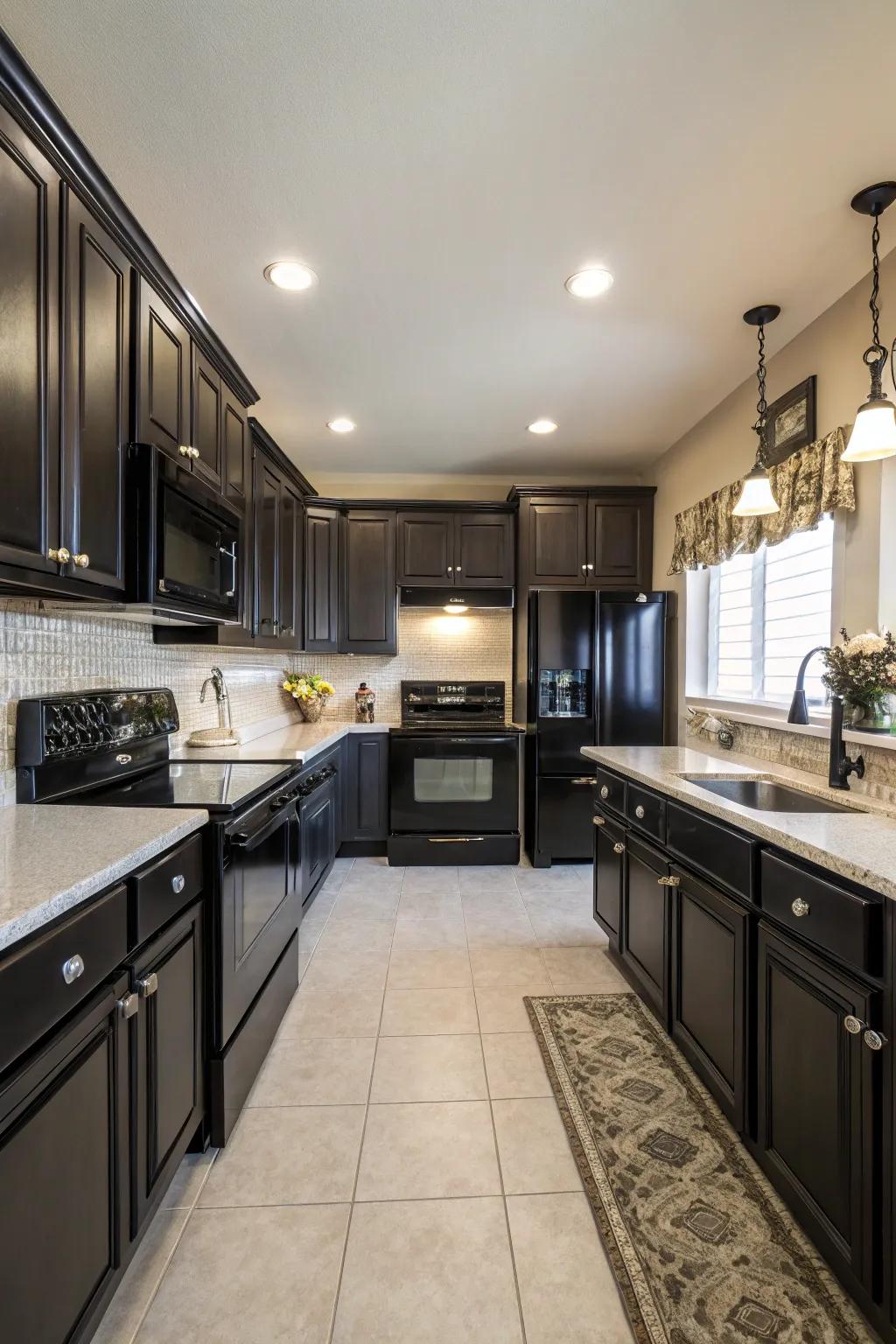Symmetry and charcoal appliances create a balanced space.