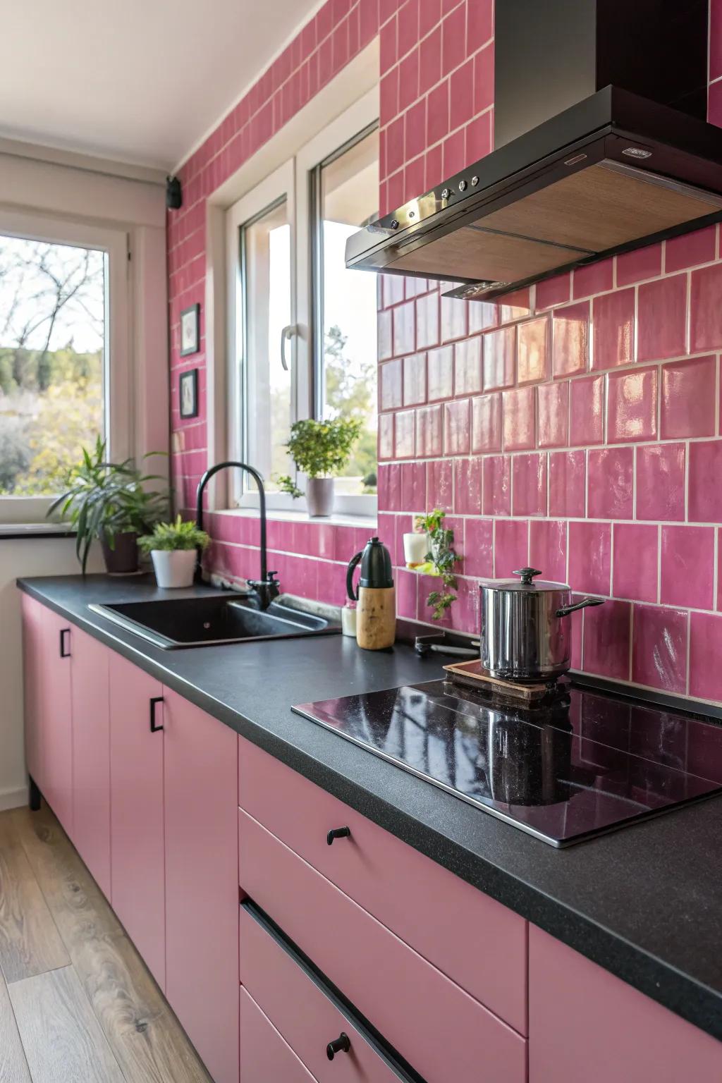 Ebony worktops offer a streamlined contrast to rose aspects.
