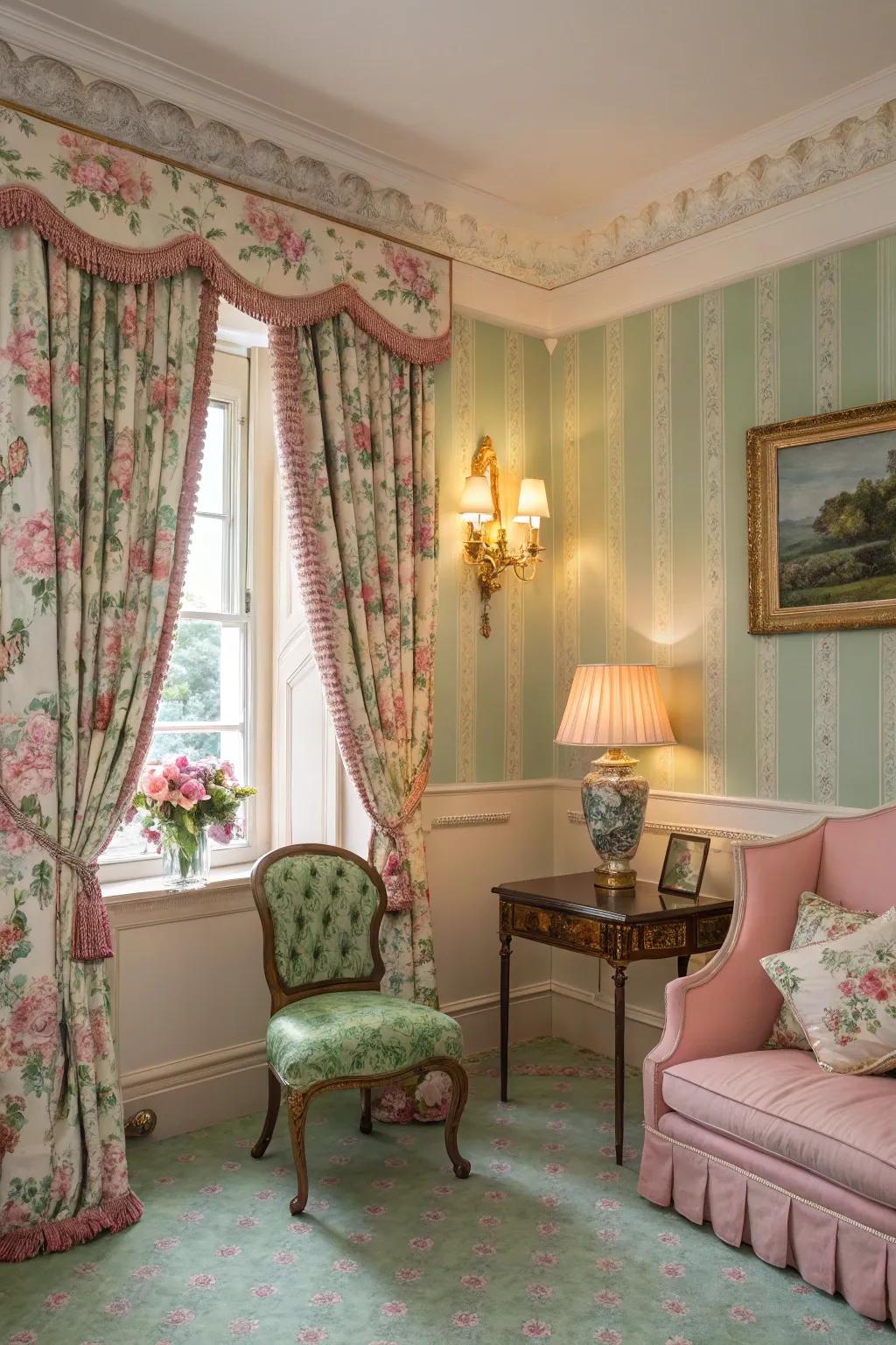 Cozy elegance is created with classic pink and green decor.