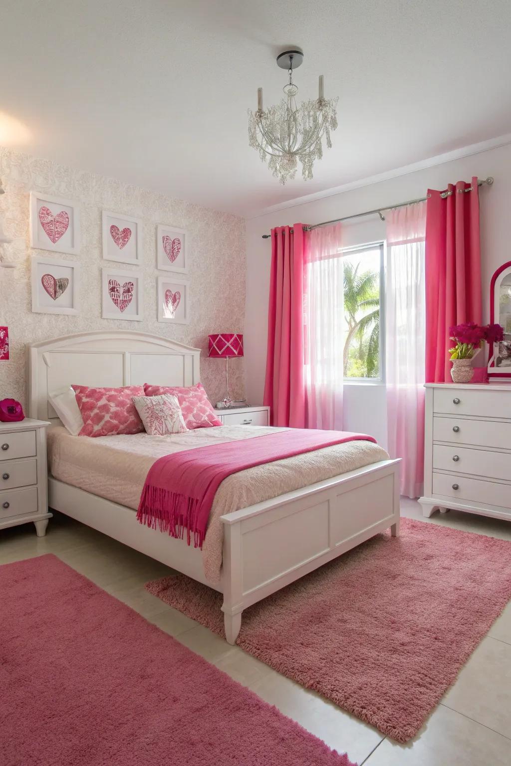 Frosty white and flamingo rose create a vibrant and modern bedroom.