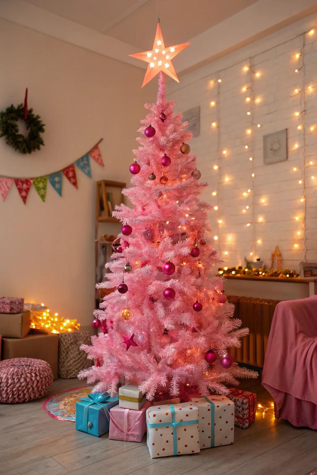 A sparkling star tops off this rose fir with classic charm.