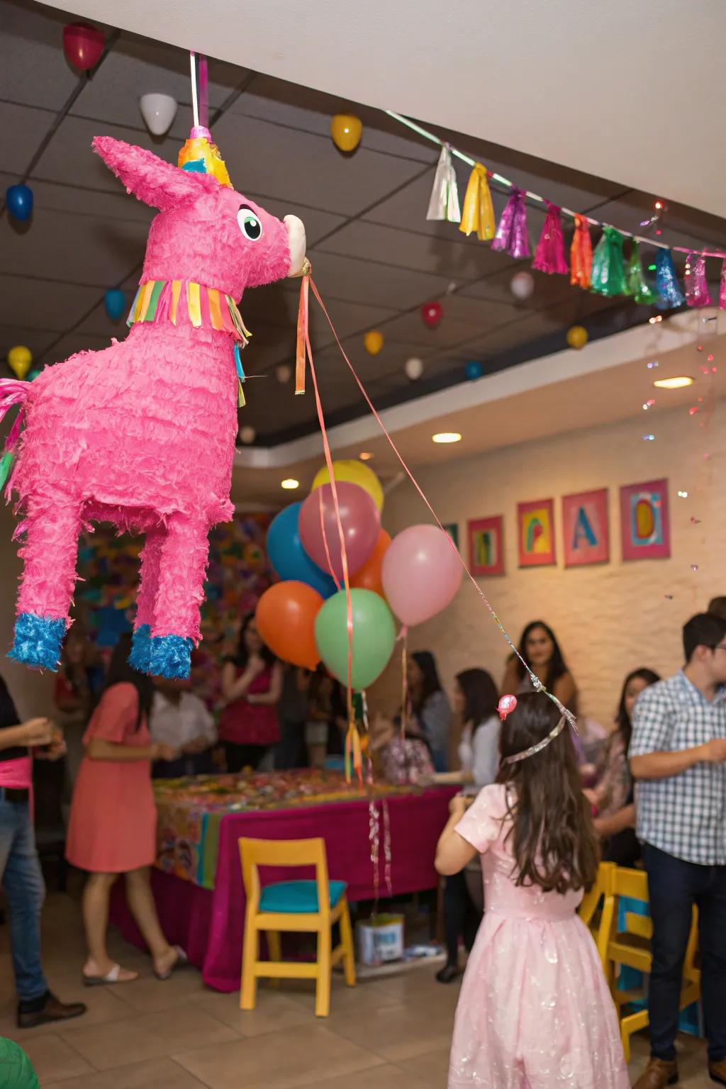 A vibrant roseate piñata contributes playful enjoyment to the festivities.
