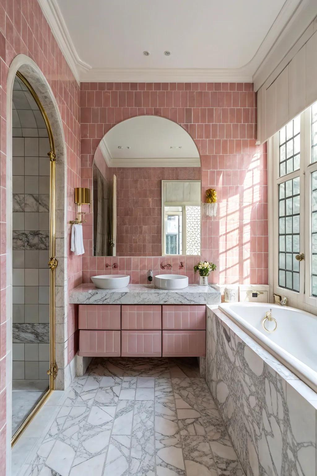 A chic fusion of rosy tiles and marble in the bathroom.