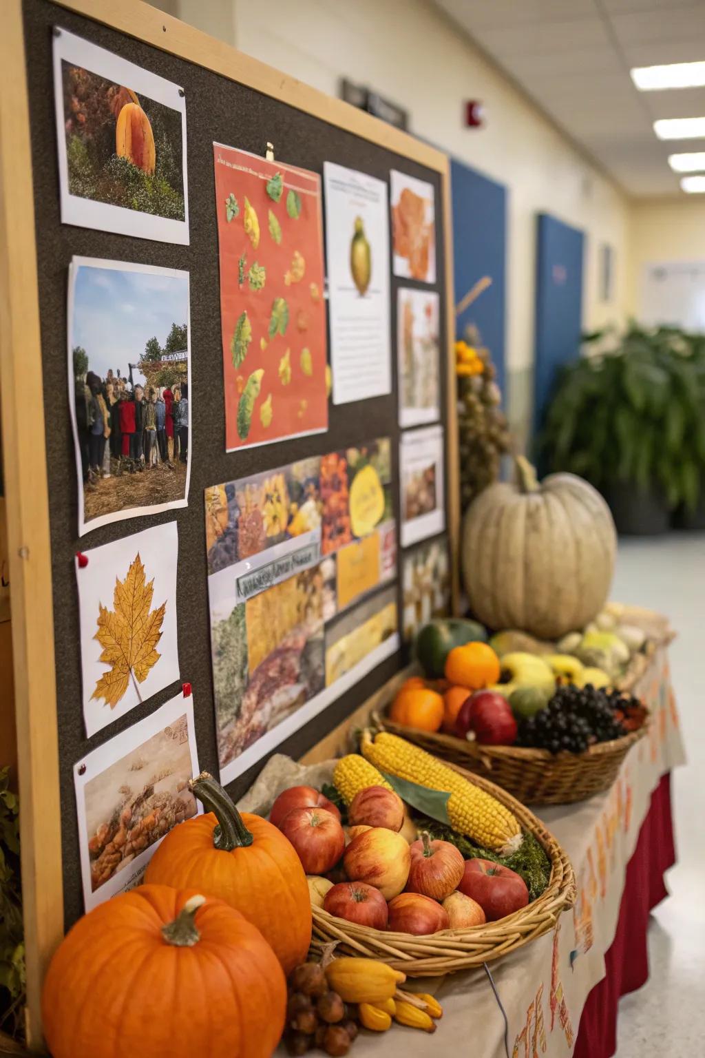 A harvest bounty-themed bulletin board celebrating fall's abundance.