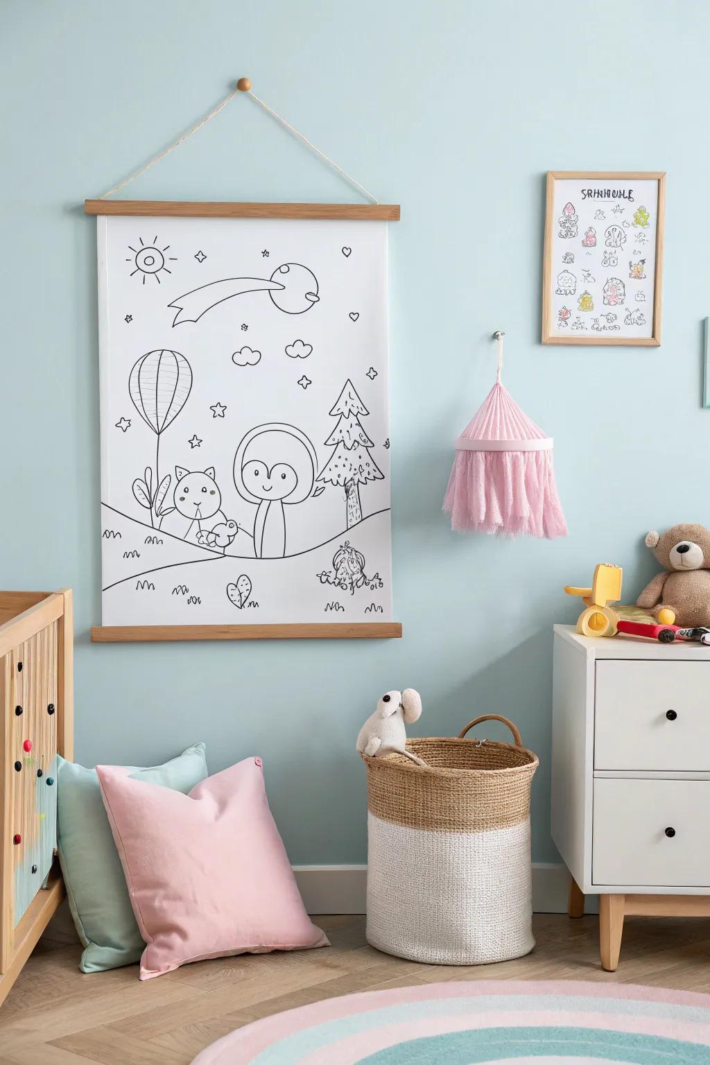 A drawn poster with playful line drawings in a nursery.