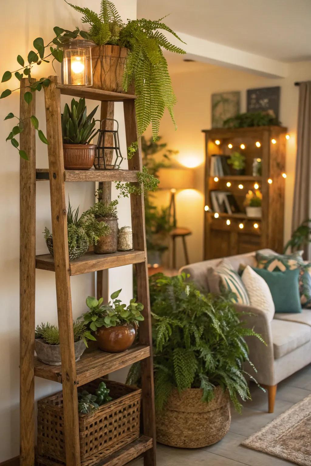 Rustic timber shelves add charm and warmth to a plant display.