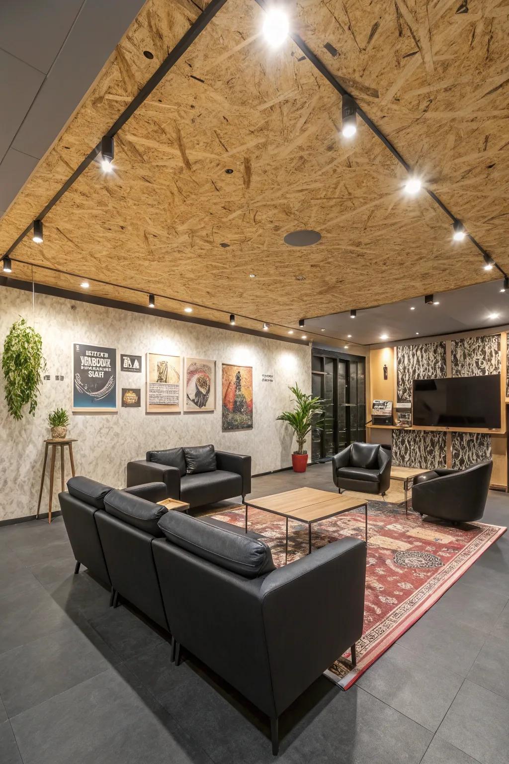 An artistic plywood ceiling that transforms the room into a conversation starter.