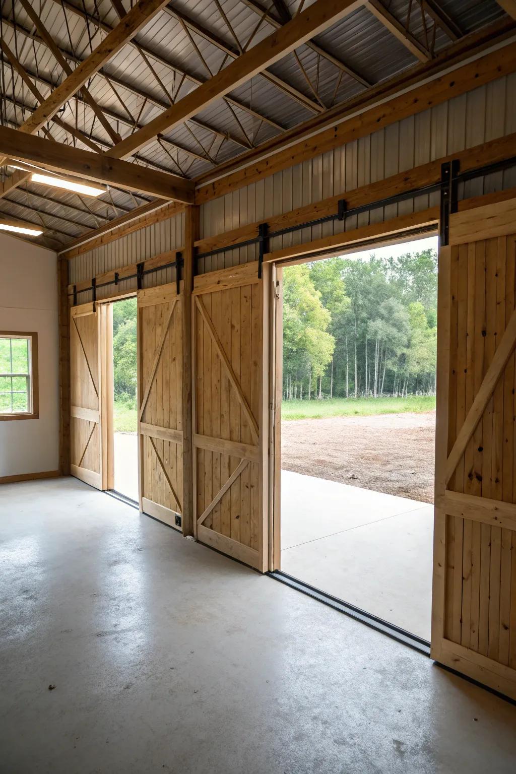 Rolling barn doors inside a pole barn employed as functional room dividers.