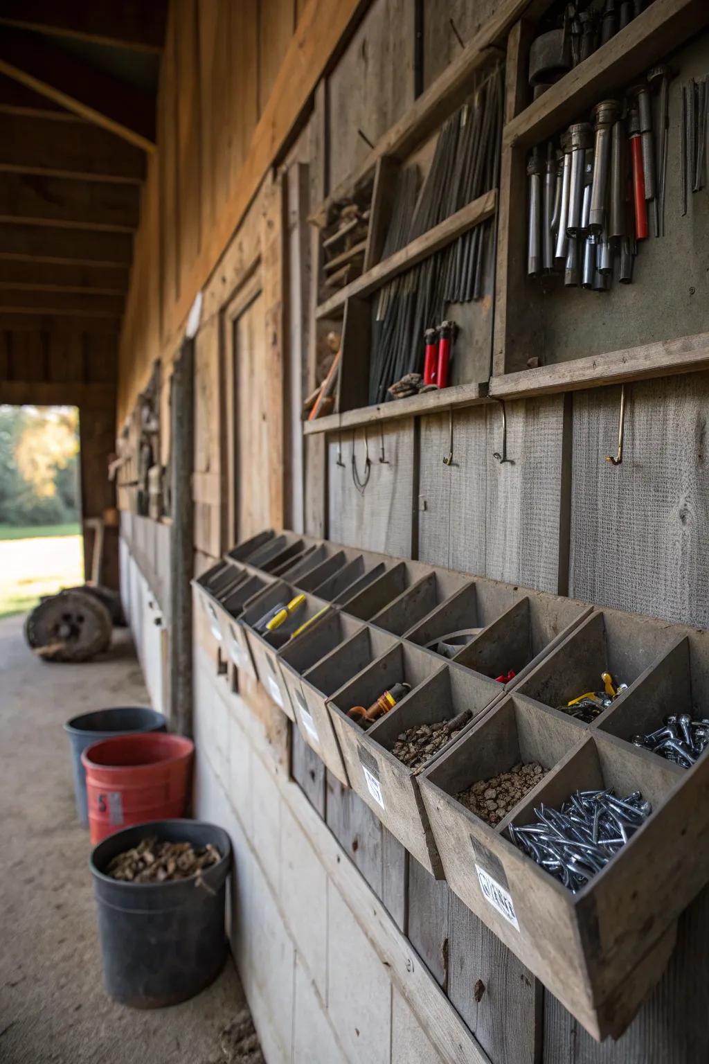 Wall-attached bins keep small items accessible and arranged.