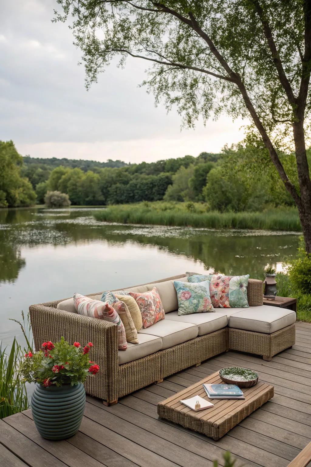 Outdoor sofas extend plush comfort for reveling in the pond panorama.