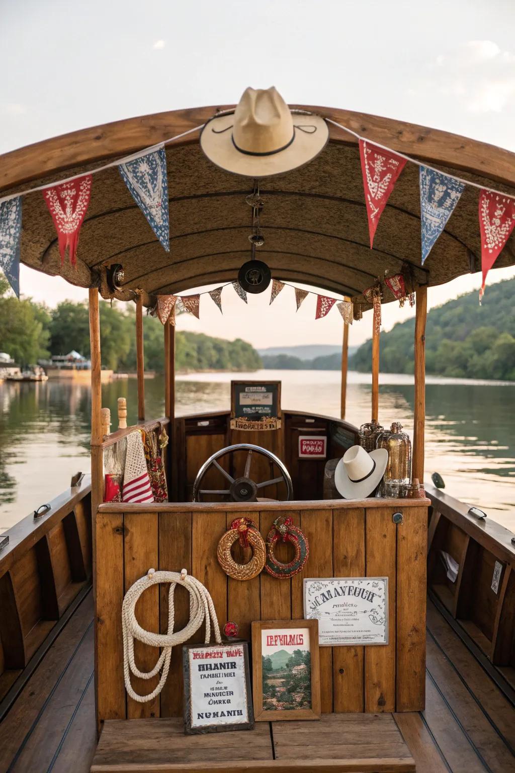 A pontoon boat with an undomesticated western region theme, prepared for a cowboy adventure.