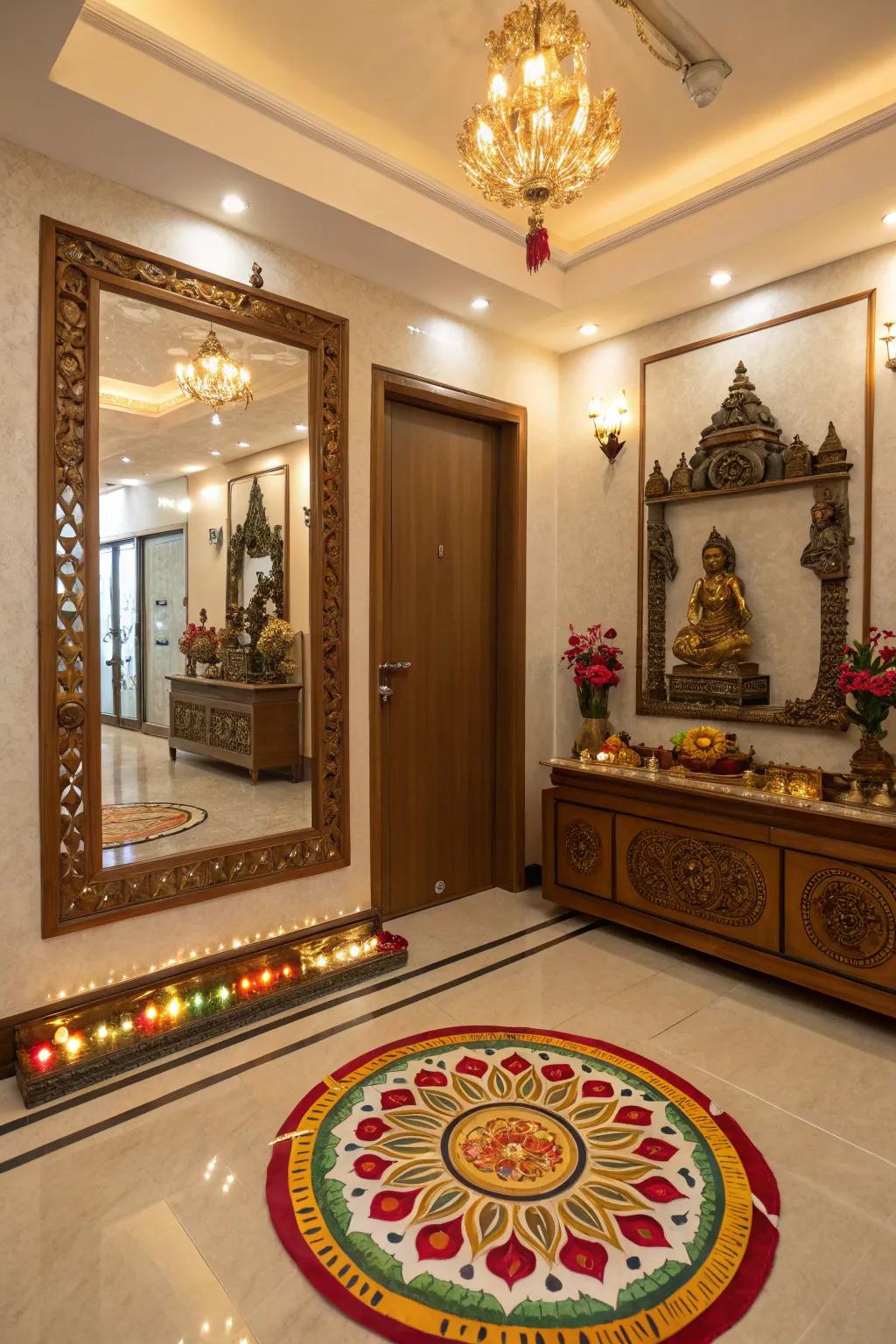 Reflective highlights for visually expanding your pooja space.