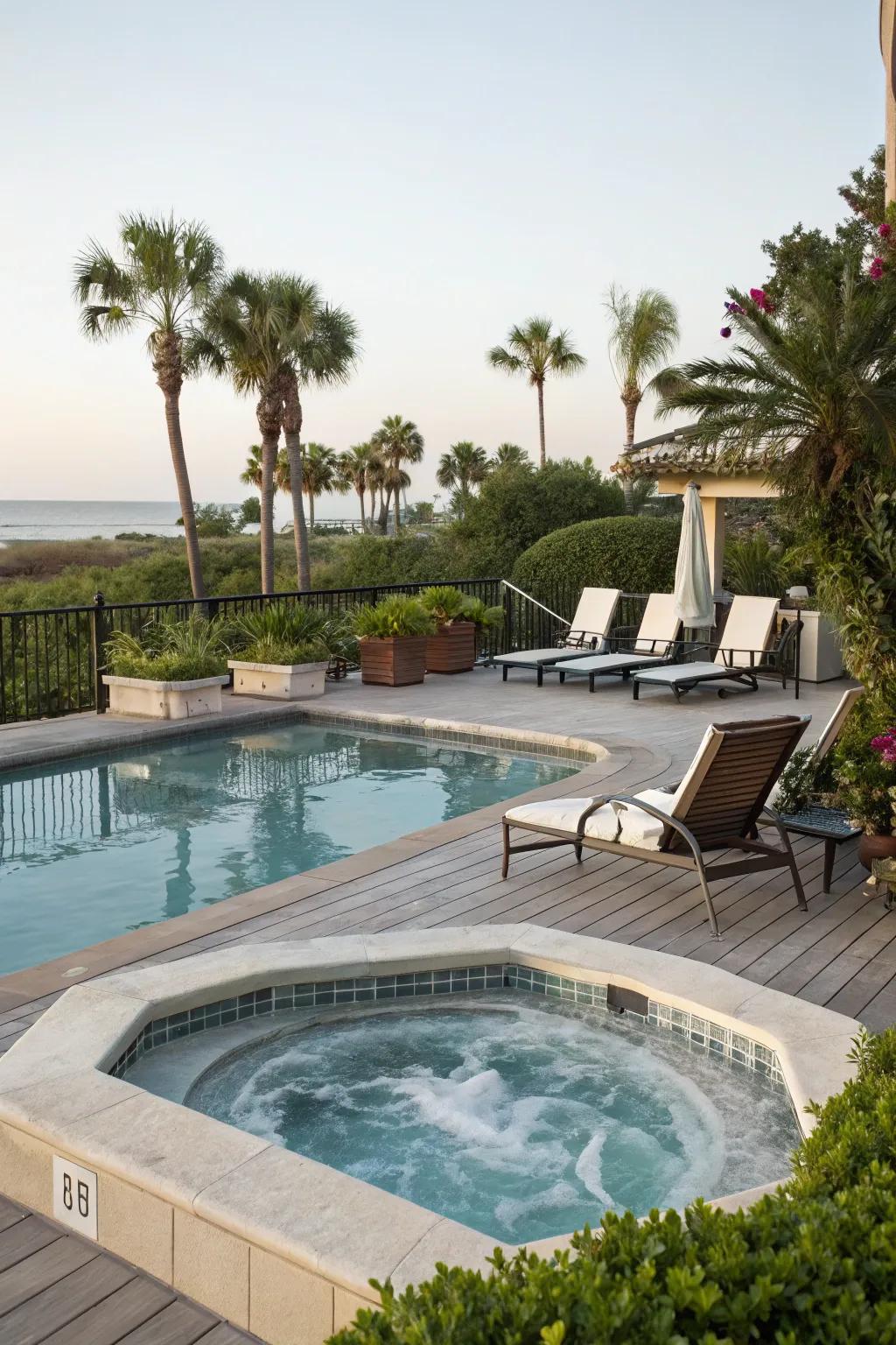 With a spa corner on the pool deck, you may relax all year round.