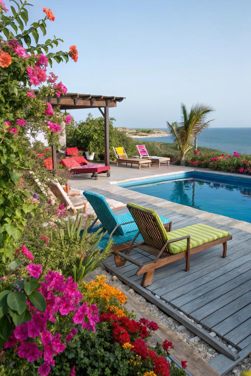Vibrant accents bring energy and vibrancy to poolside areas.