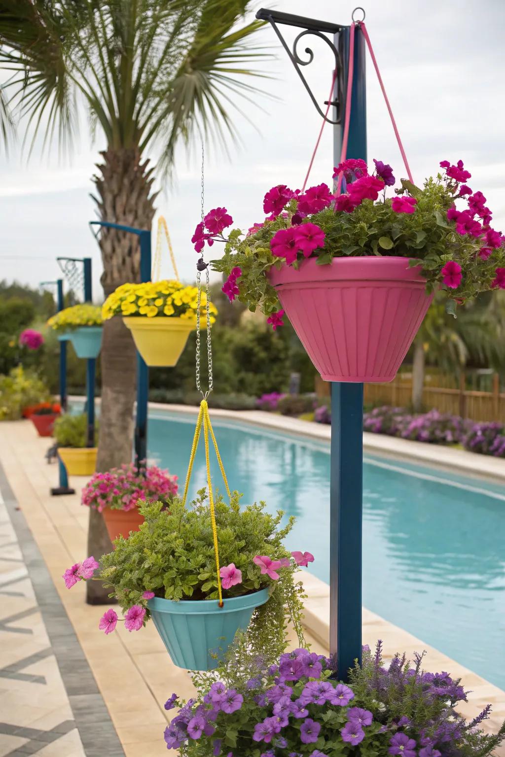 Suspended planters introduce vibrant color and height to your poolside landscape.