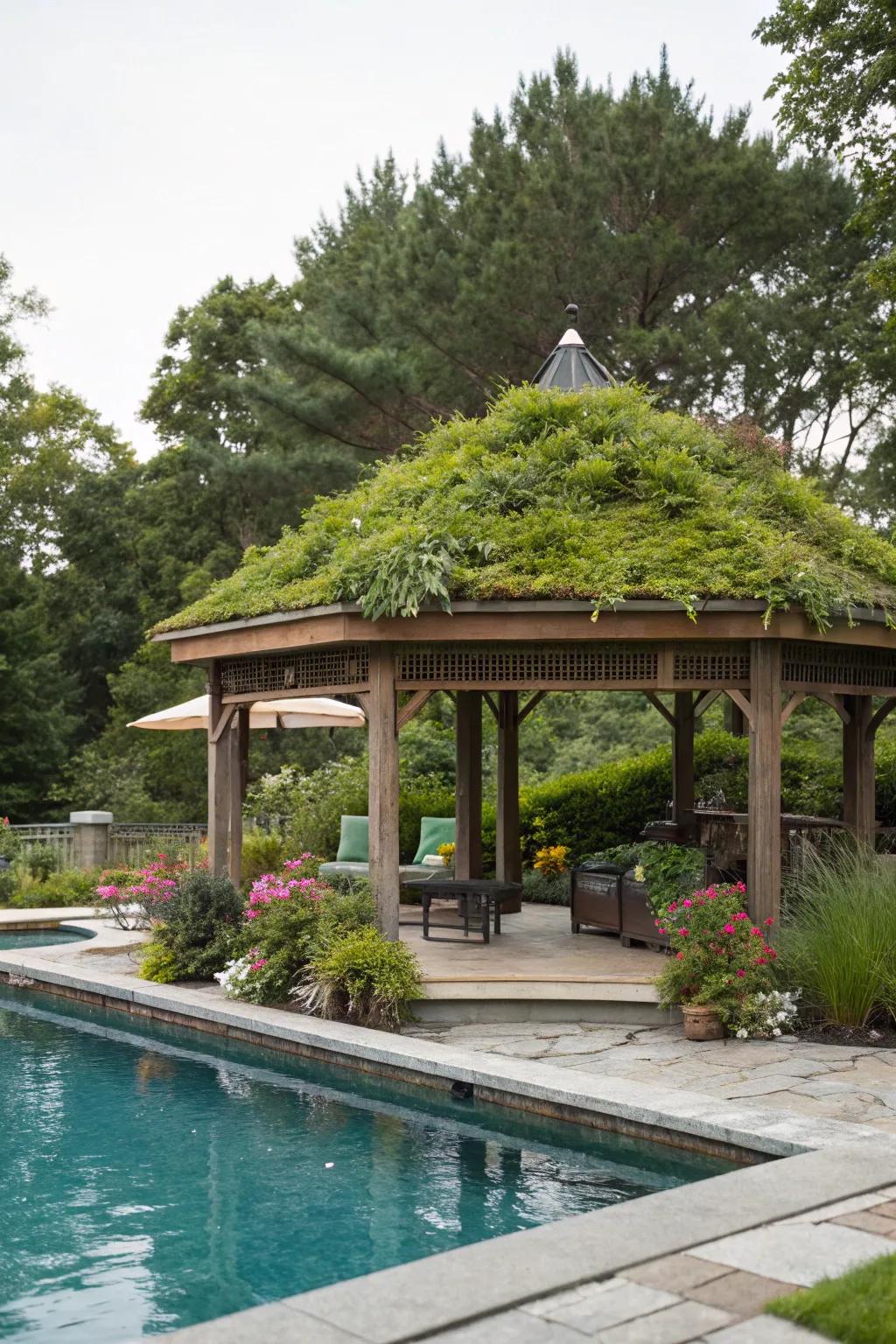 A living roof adds eco-friendly charm to the gazebo.