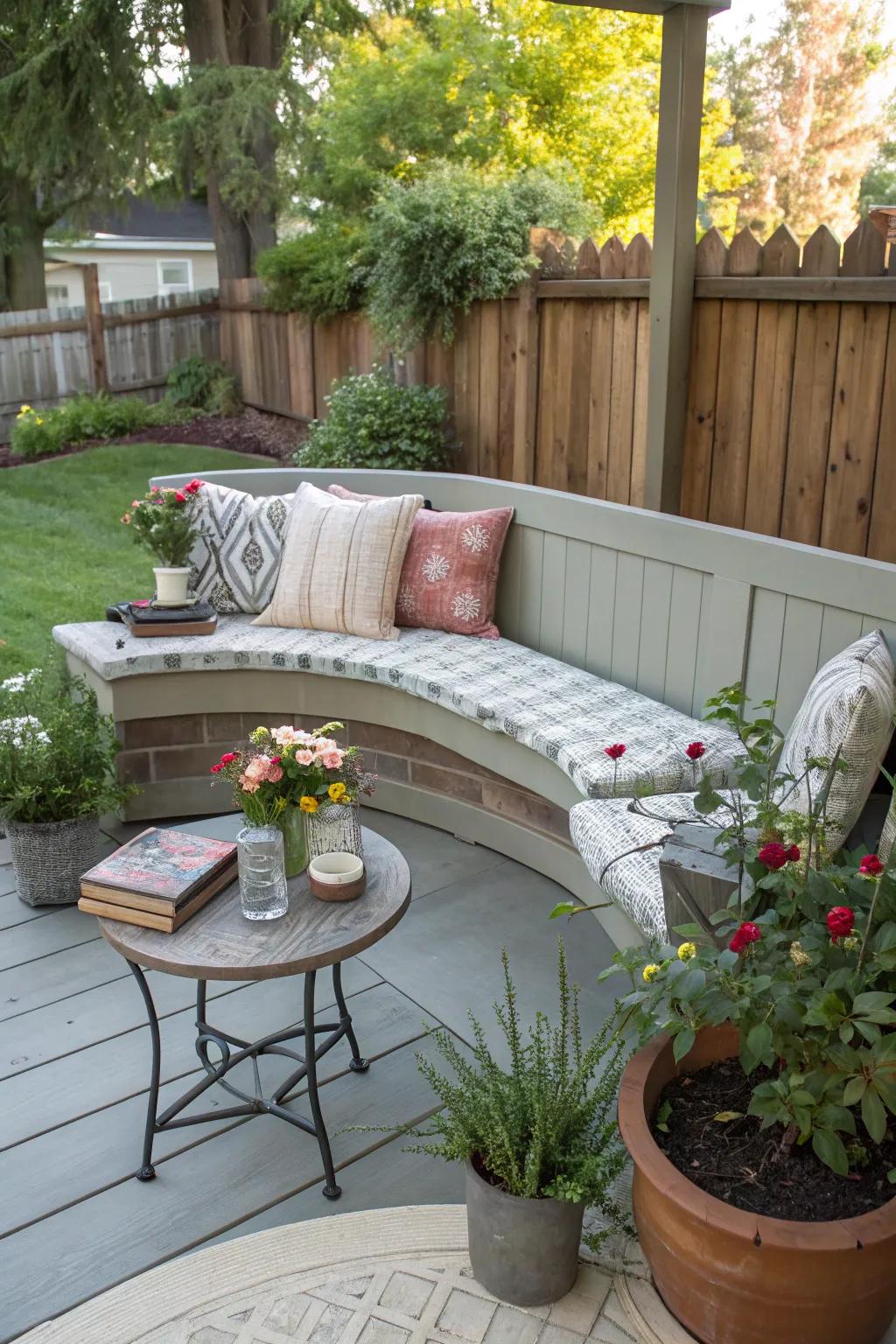 A rounded bench is fitting for social gatherings on the porch.