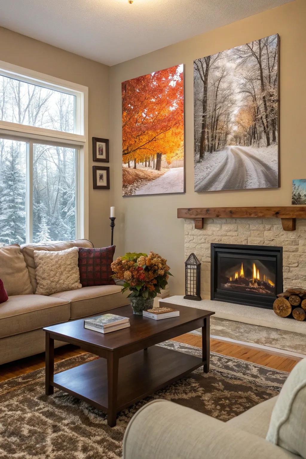 A living room that transforms with seasonal poster changes.