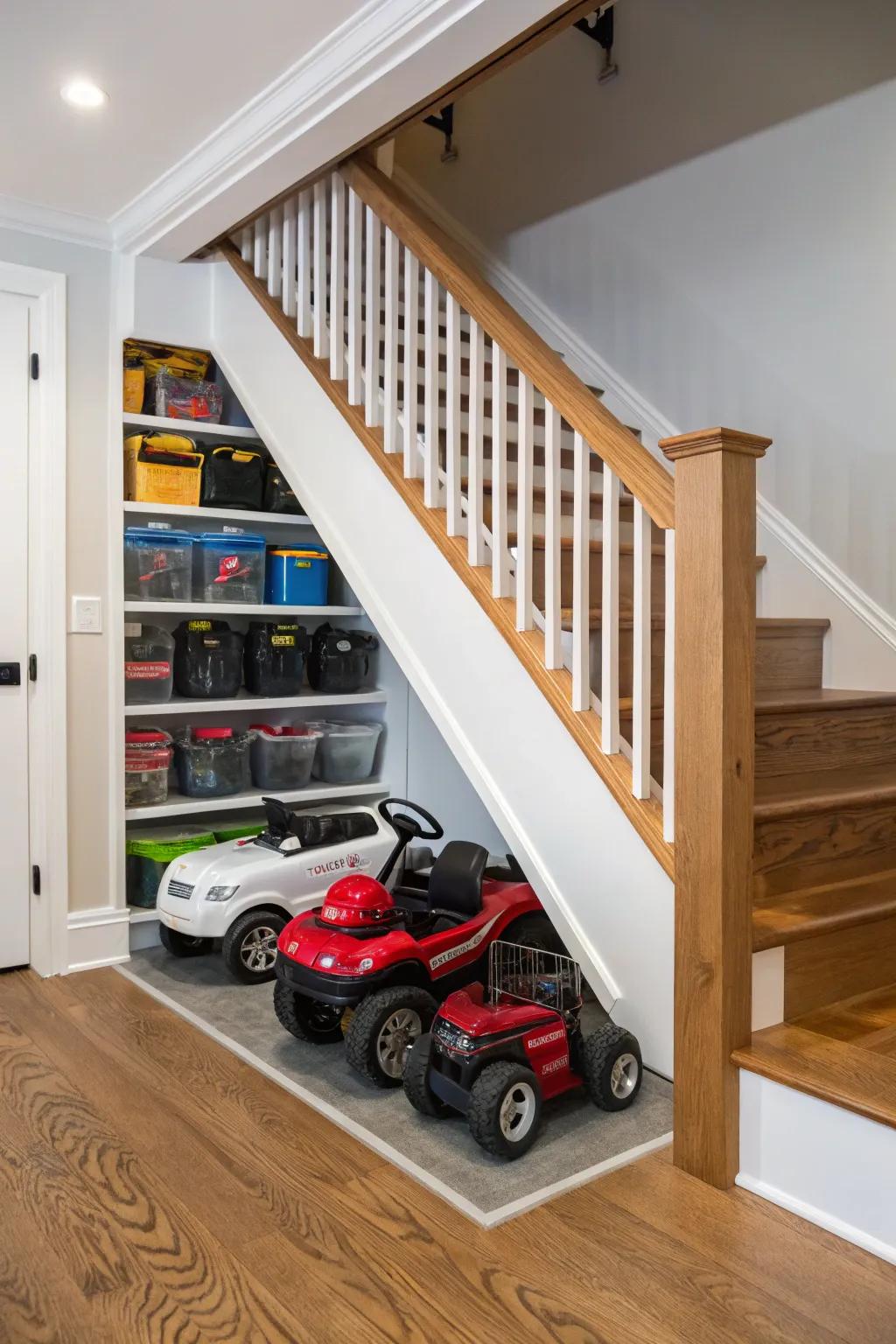 Under-stair storage cleverly hiding ride-on toys.