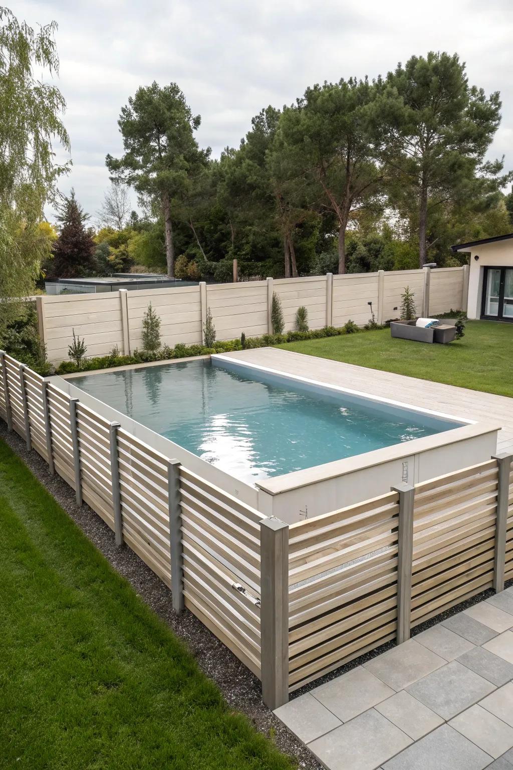 Horizontal slat fencing provides a modern and streamlined privacy solution.