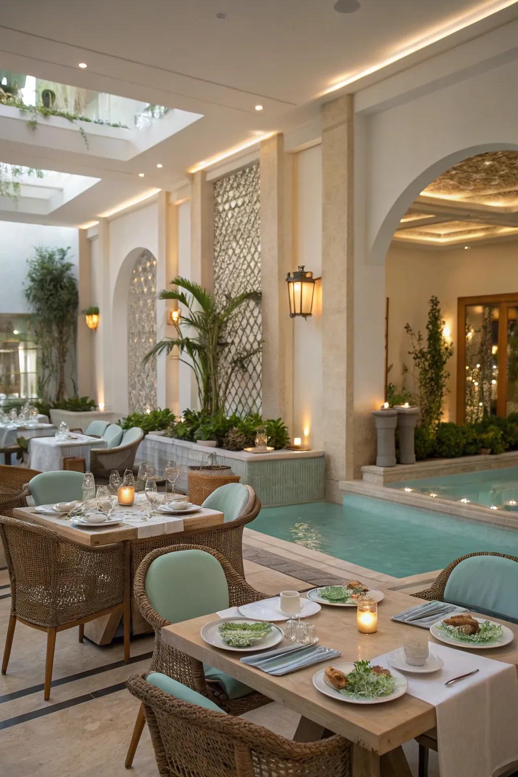 A dining area with spa-like decorations, offering light meals and calming touches.