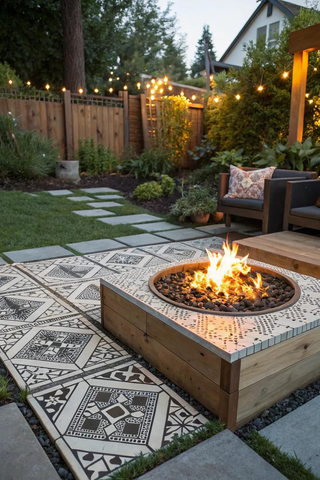 Make a statement with a propane fire pit featuring geometric patterns.
