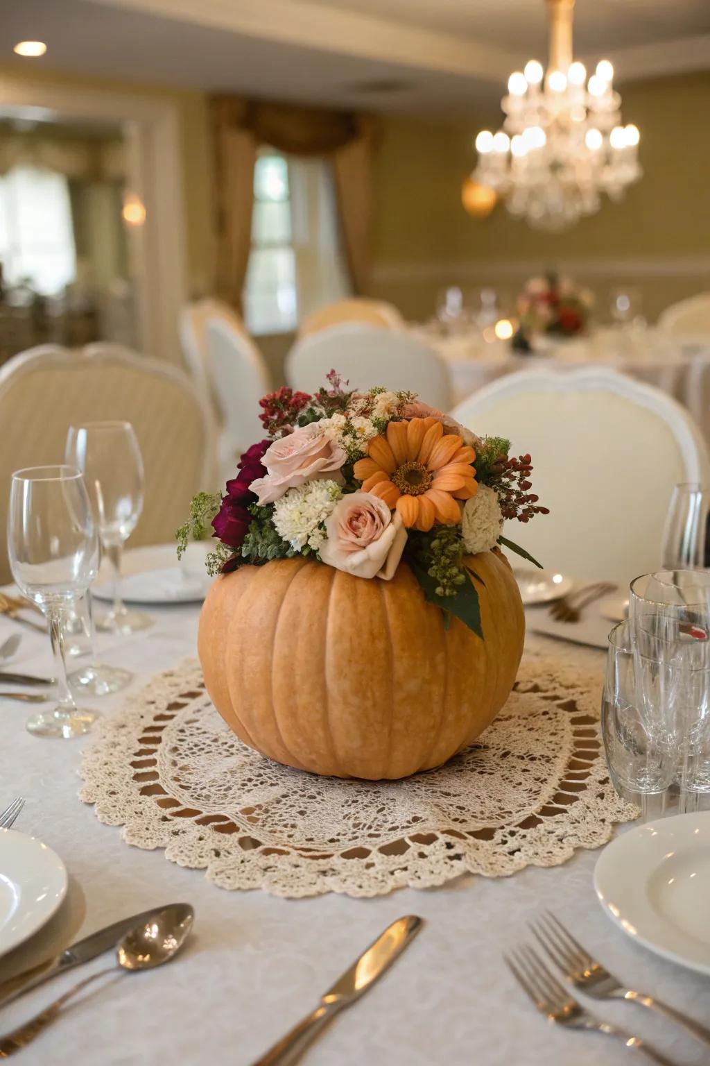 An elegant blossom pumpkin impeccable as a dining surface centerpiece.