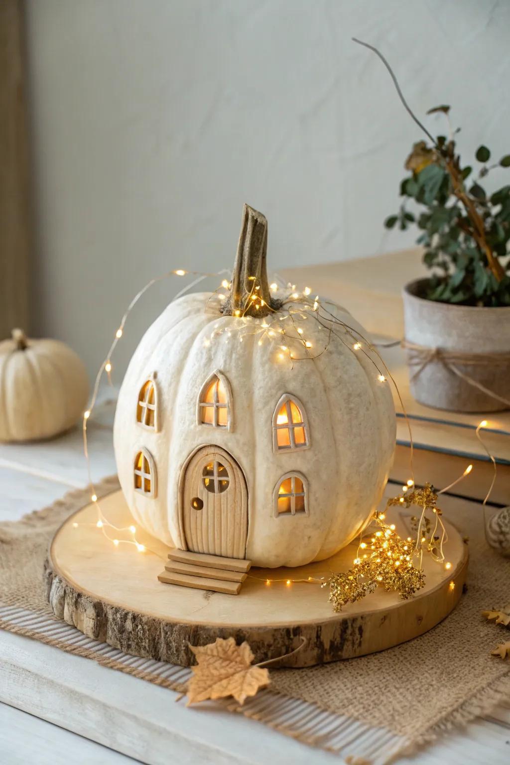 Illuminate your imagination with this enchanting pumpkin fairy house, wrapped in a twinkling embrace of mini string lights.