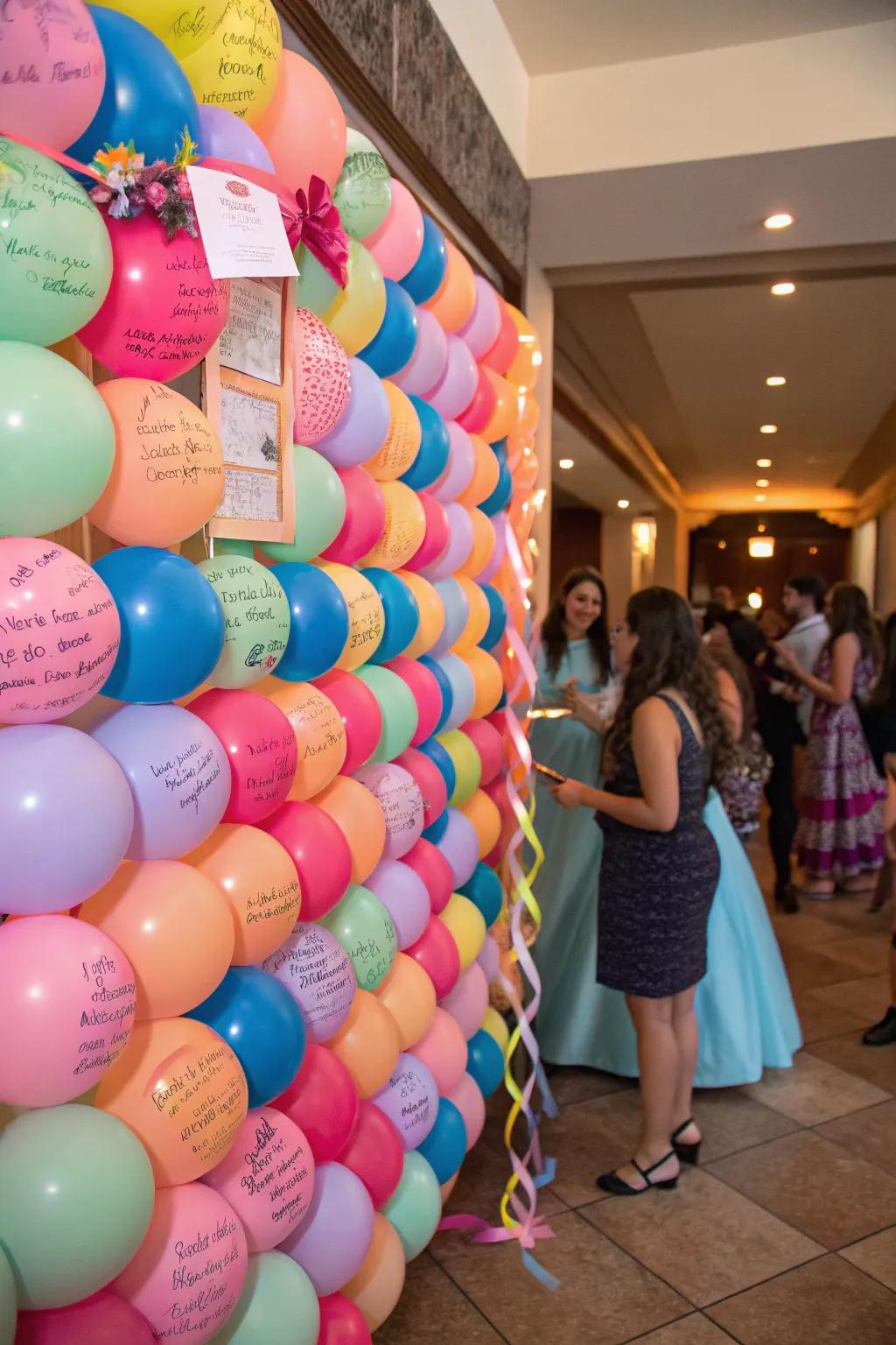 A participatory balloon wall involves guests in the celebration.