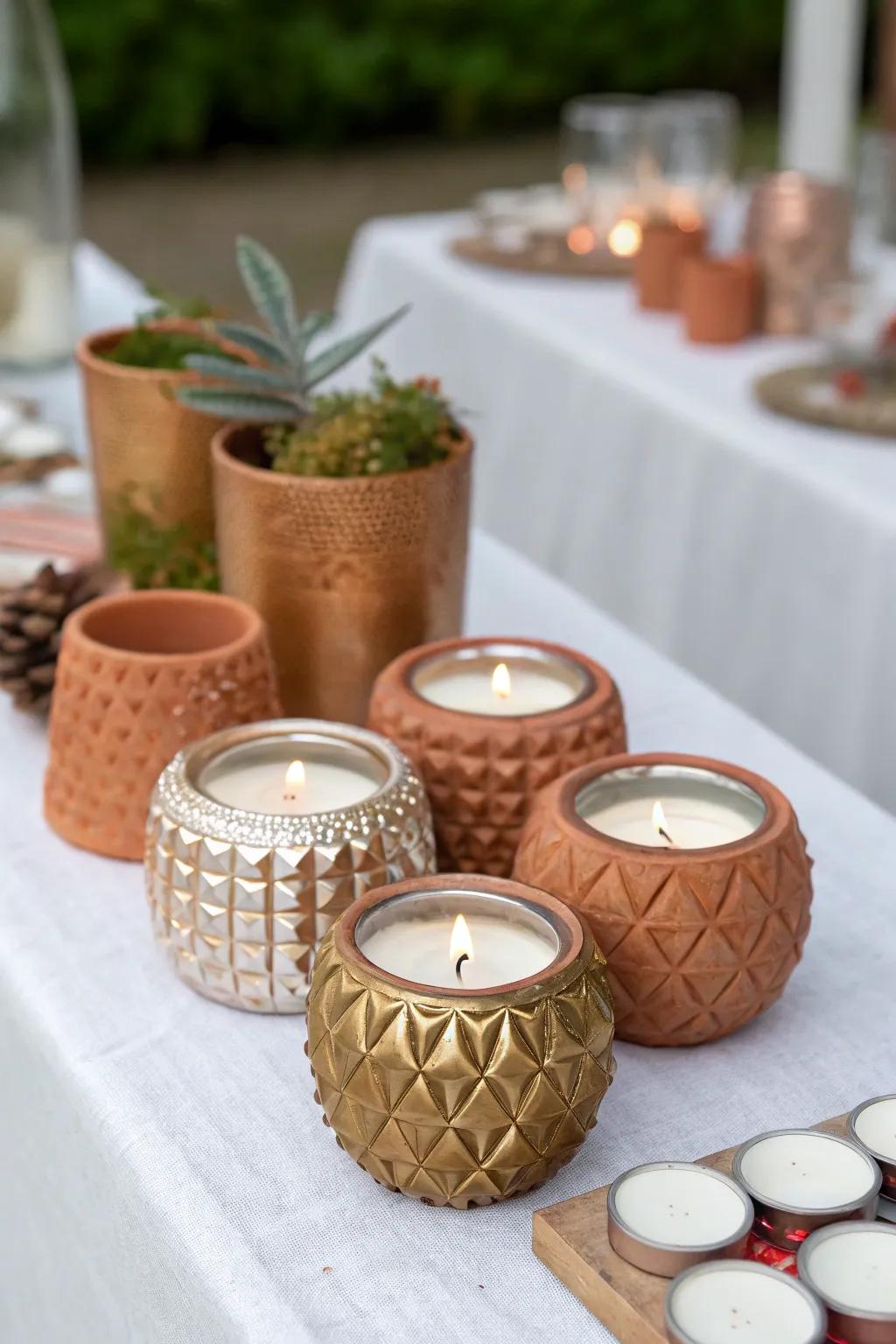 Unique tealight stands introduce an eclectic charm to table settings.