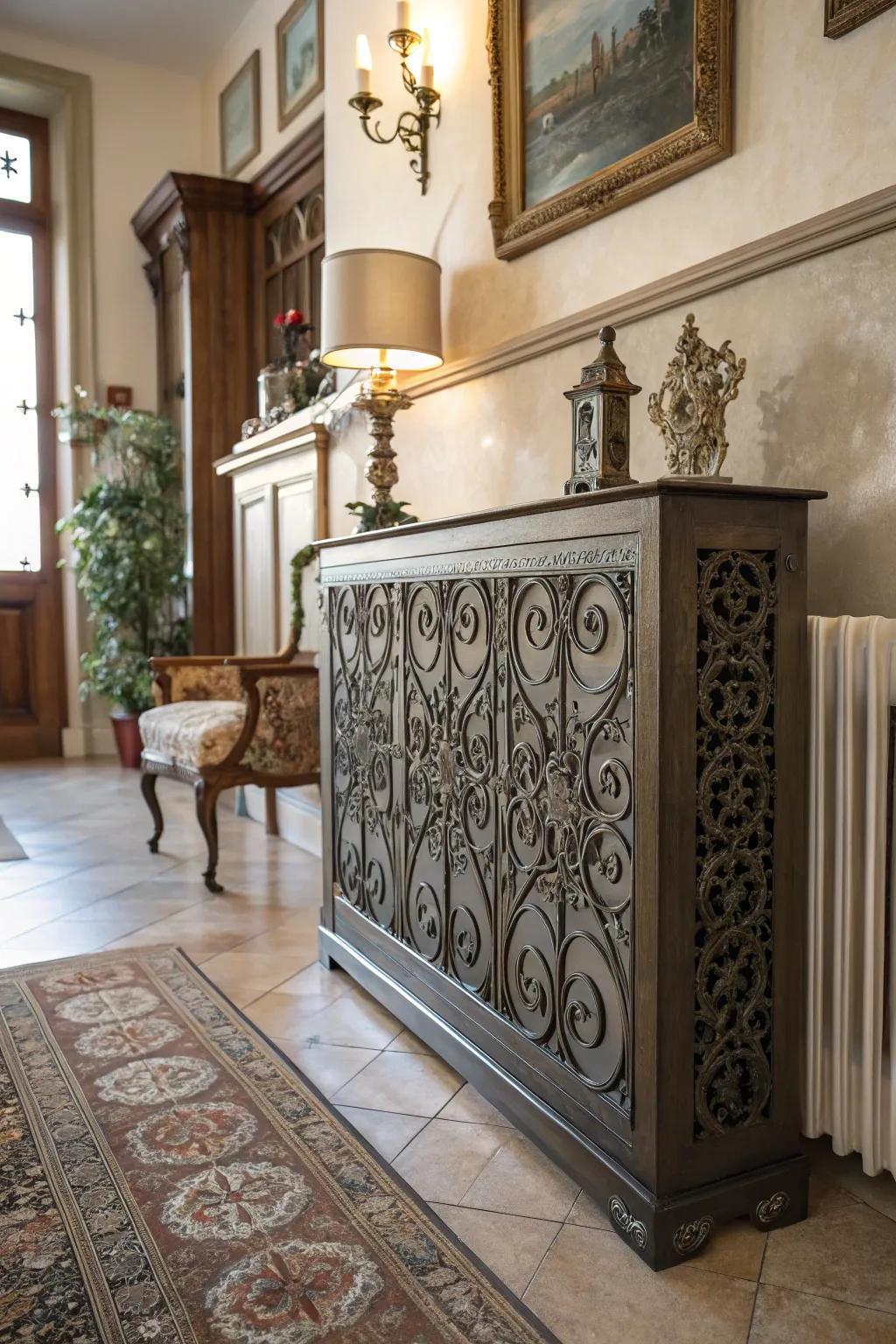 Iron latticework introduces an artistic and vintage touch to a radiator face.