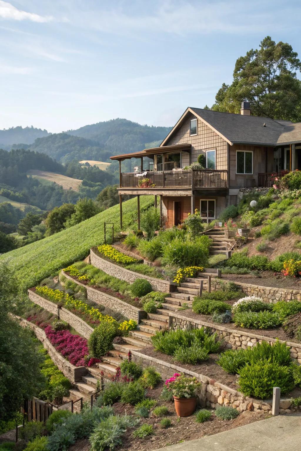 Tiered gardens adding visual depth to a sloped raised ranch landscape.