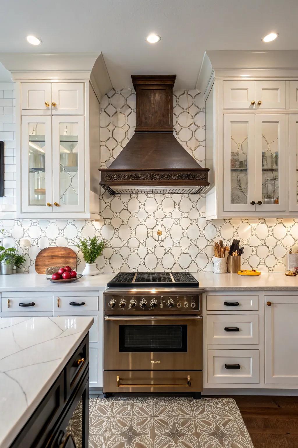 Kitchen showcasing a ceramic tile backsplash paired with a classic vent hood for charm.