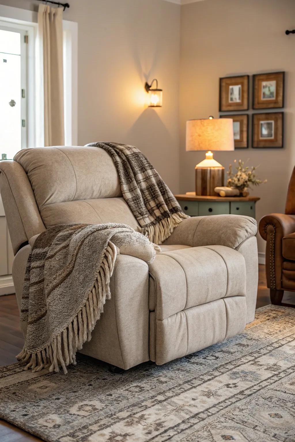 A cozy recliner sofa enhanced with a soft decorative blanket.