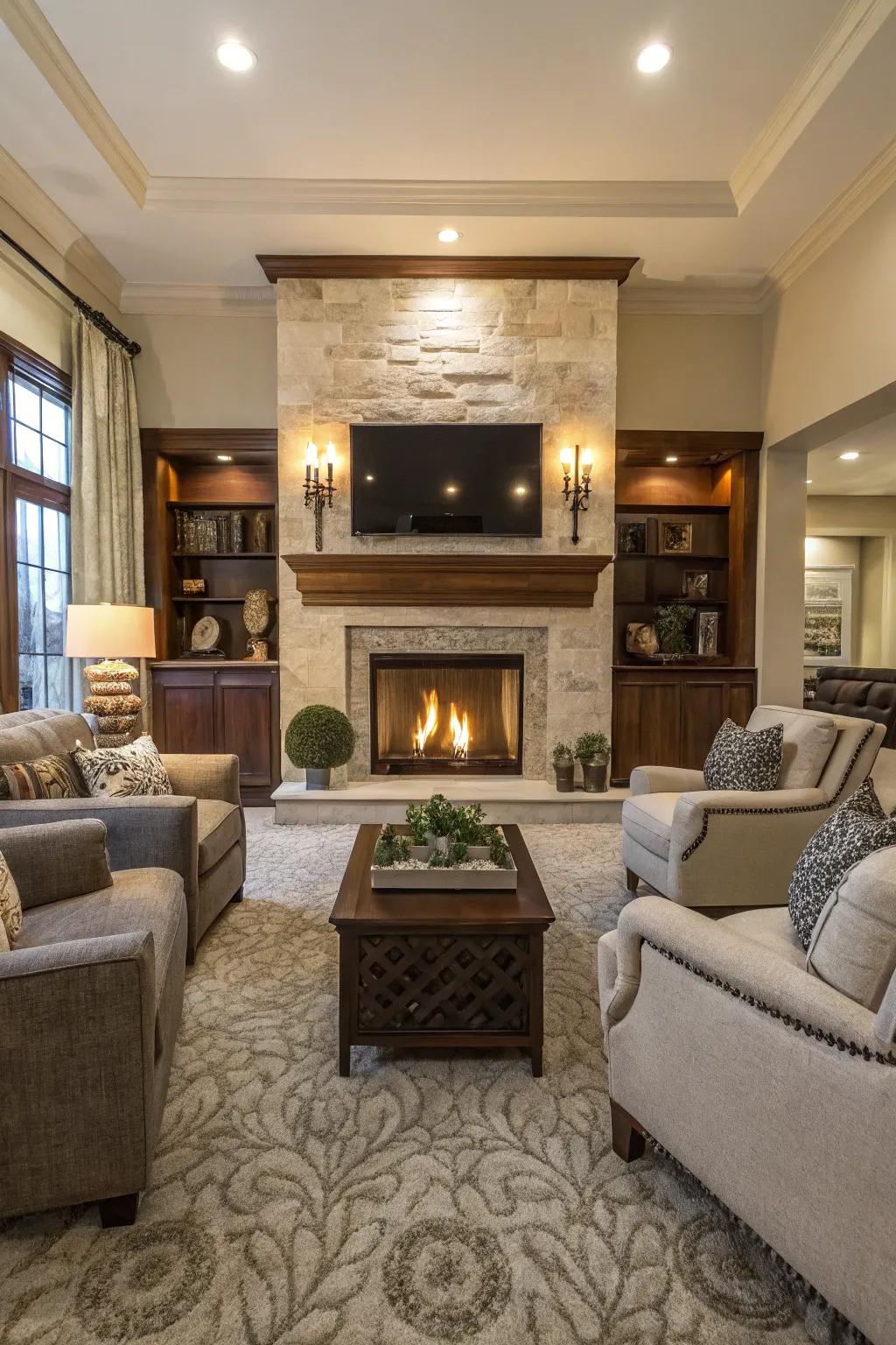 Heating features offer warmth and serve as the visual focal point.