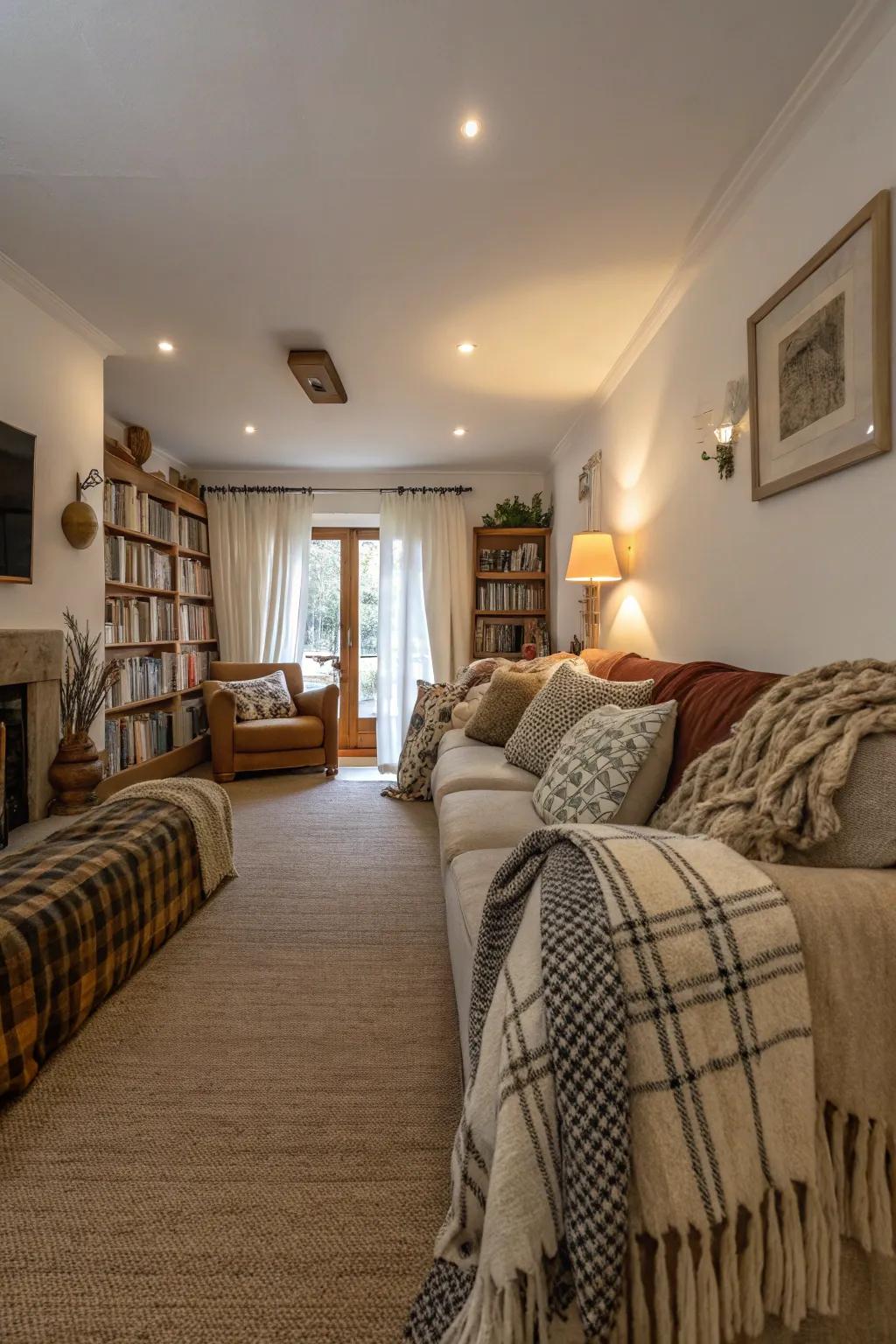 Layered textures give a slender living room warmth and appeal.