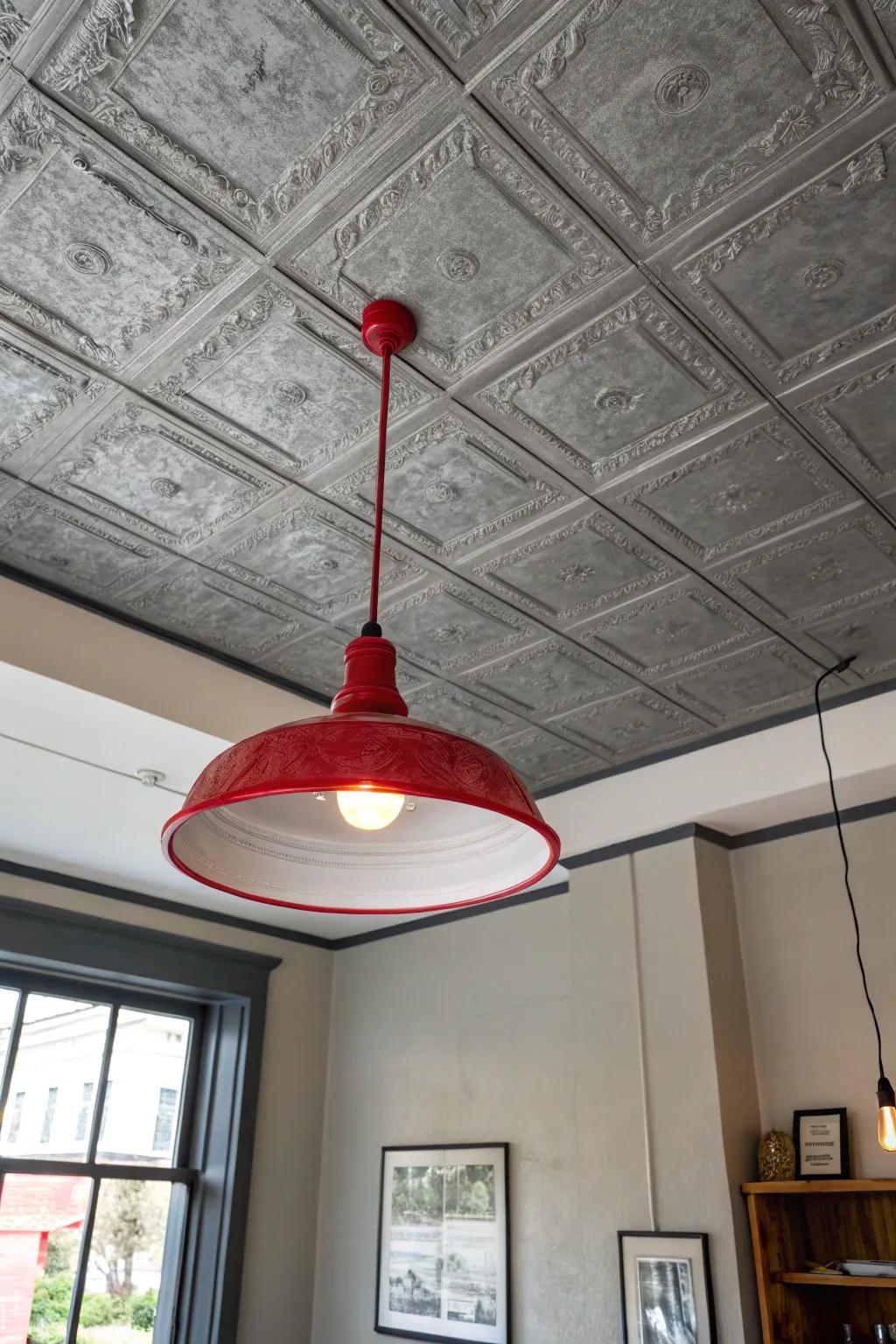 Dove ceilings illuminated by a striking scarlet lighting fixture.