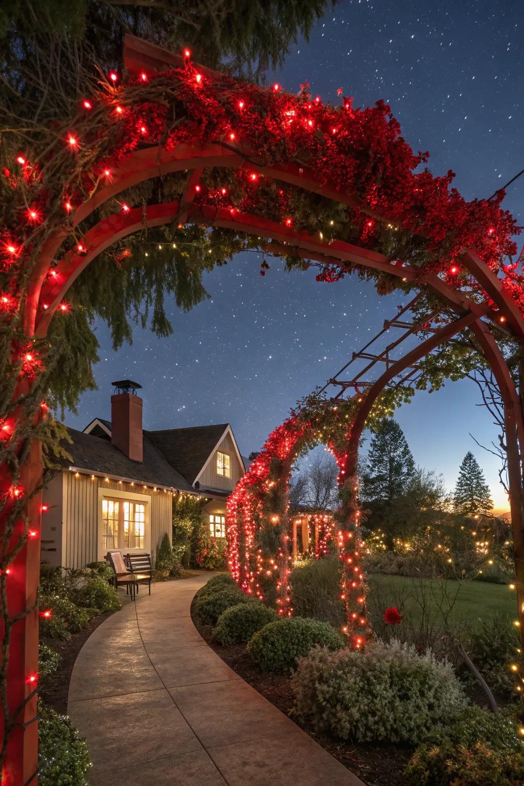 Scarlet outdoor illuminations conjuring a celebratory luminescence.