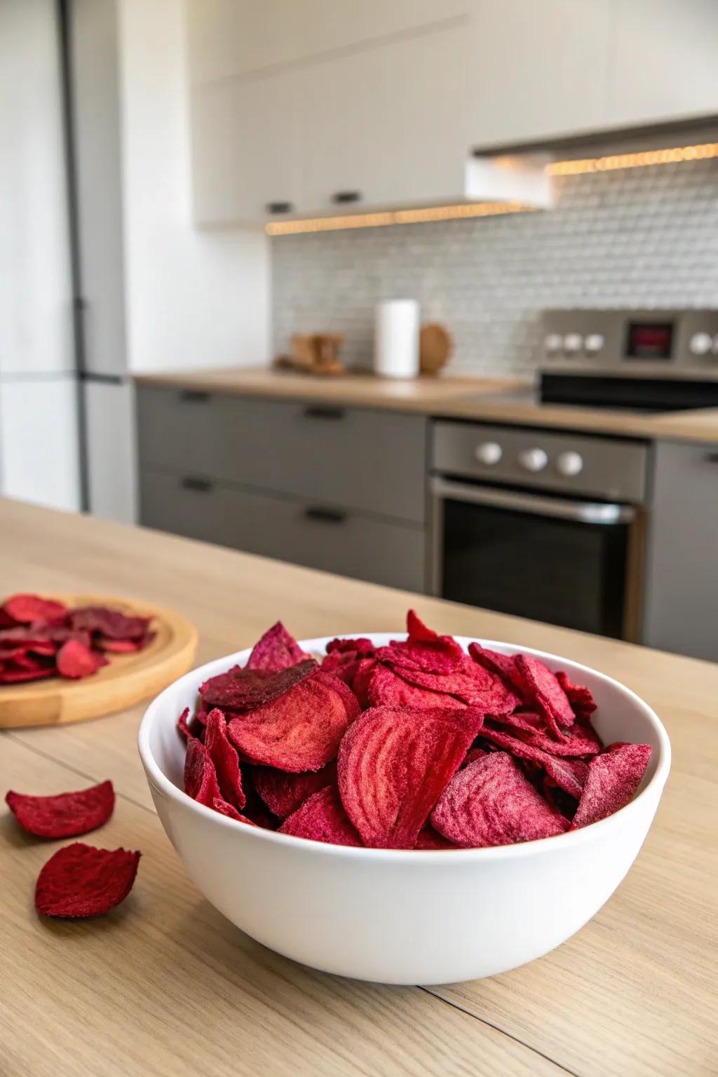 Beet chips offer a crunchy and vibrant snack choice.