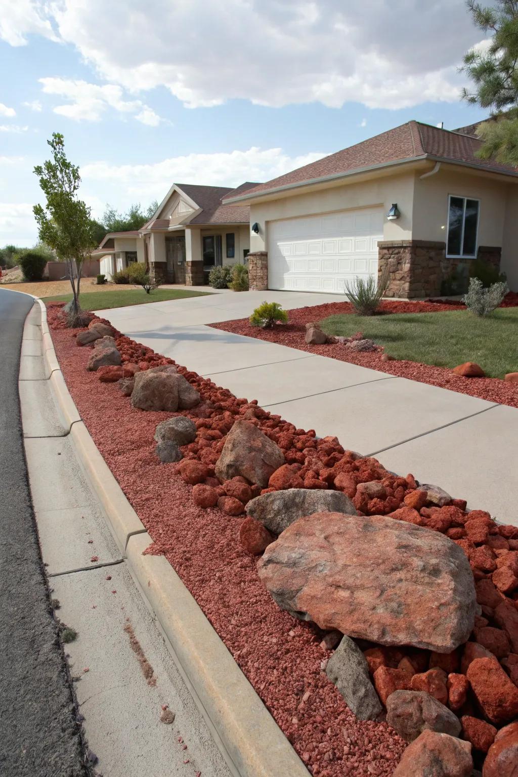 Crimson volcanic stones along the driveway create a bold declaration for this home's entryway.