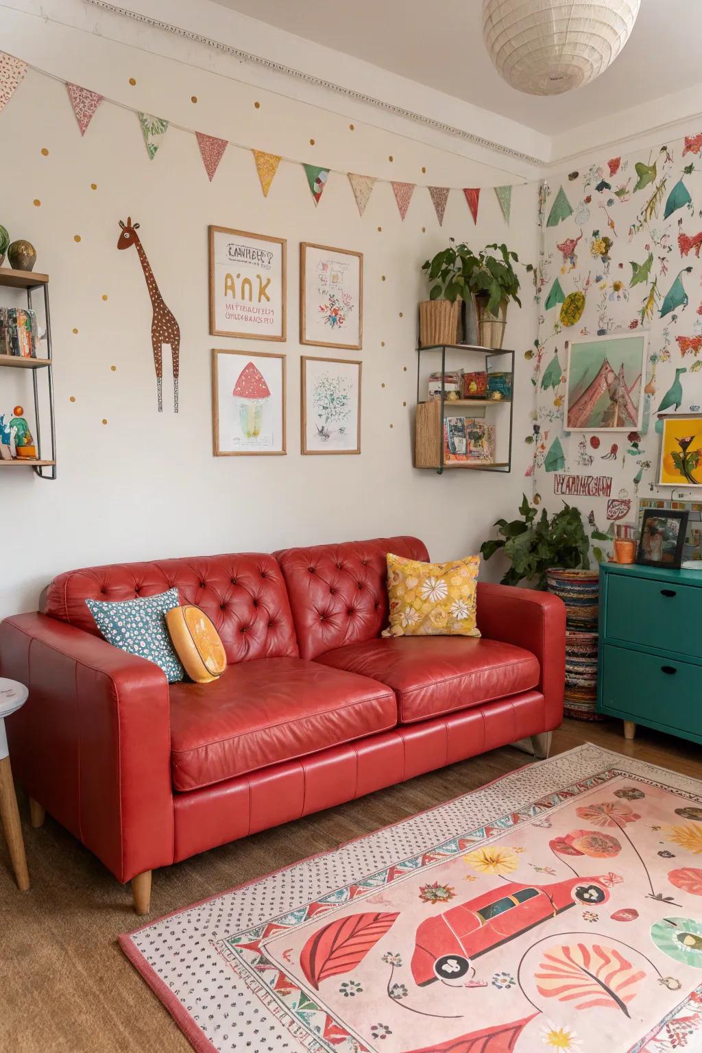 Whimsical elements inject a sense of enjoyment and innovation into a room featuring a crimson hide sofa.