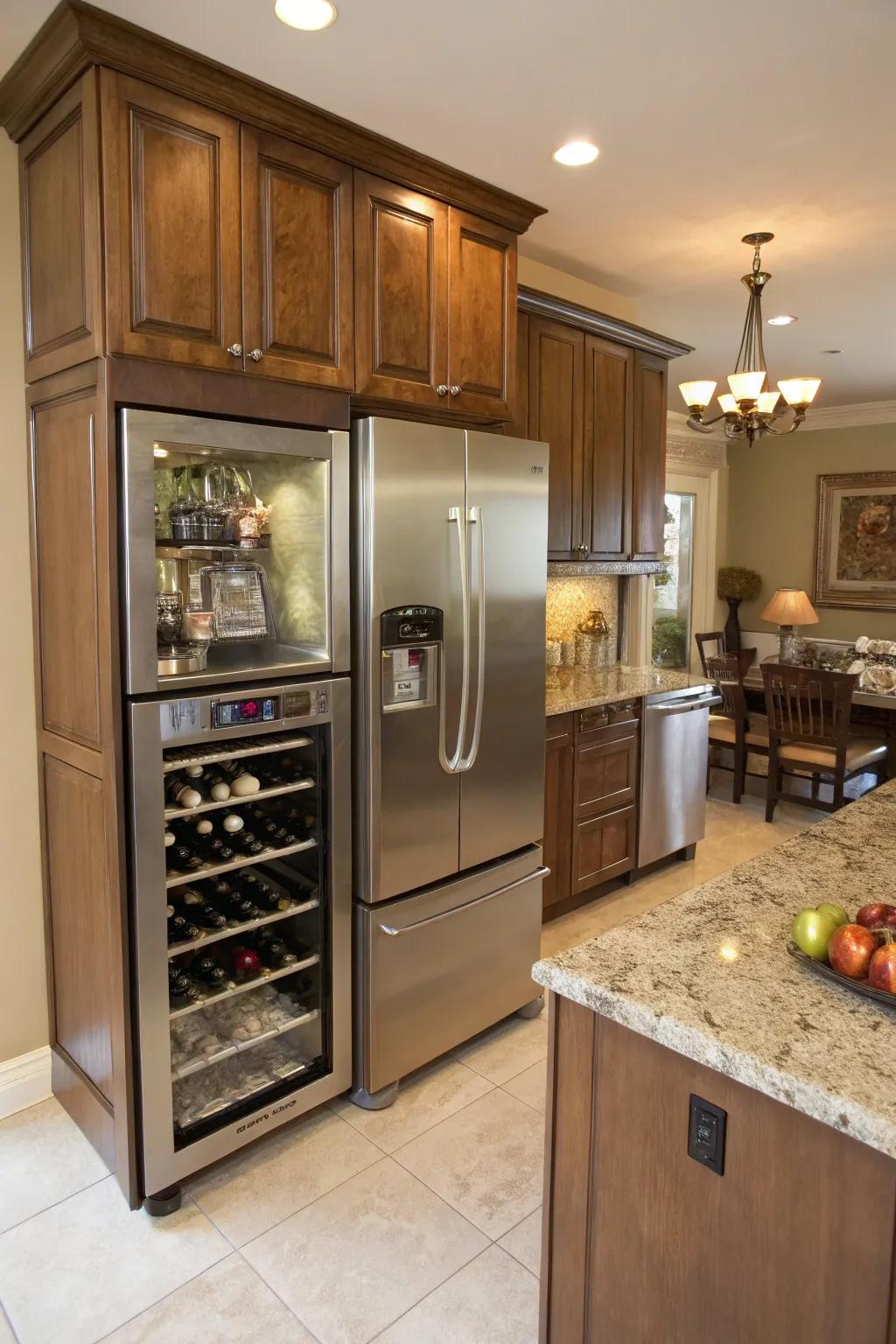 An adaptable refrigerator surround adds dynamic features to the kitchen.