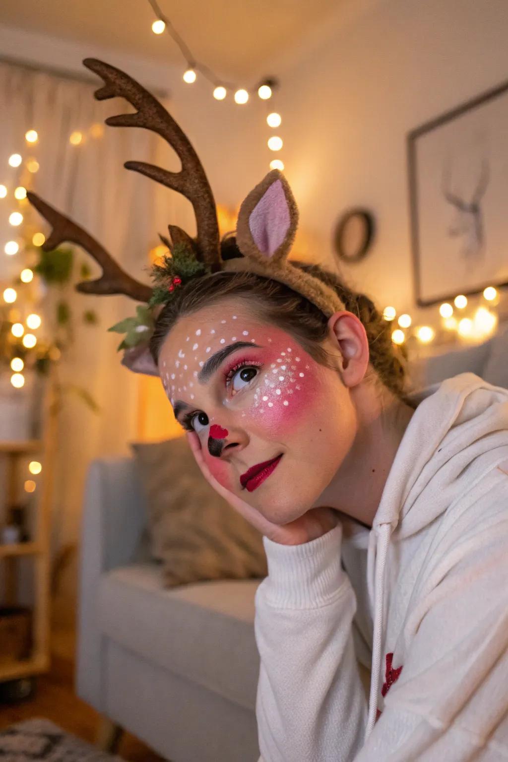 Whimsical features incorporate a fantasy flair to reindeer face paint.