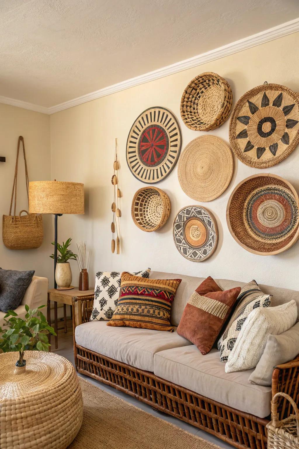 With baskets as wall décor, introduce texture.