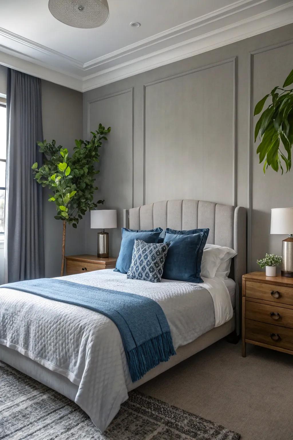 A pop of color adds vibrancy to a repose gray bedroom.