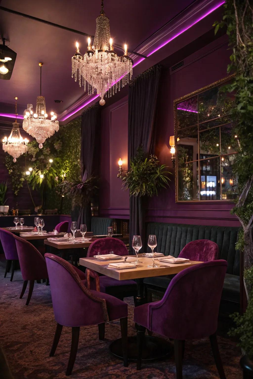 A romantic restaurant featuring luxurious purple shades.