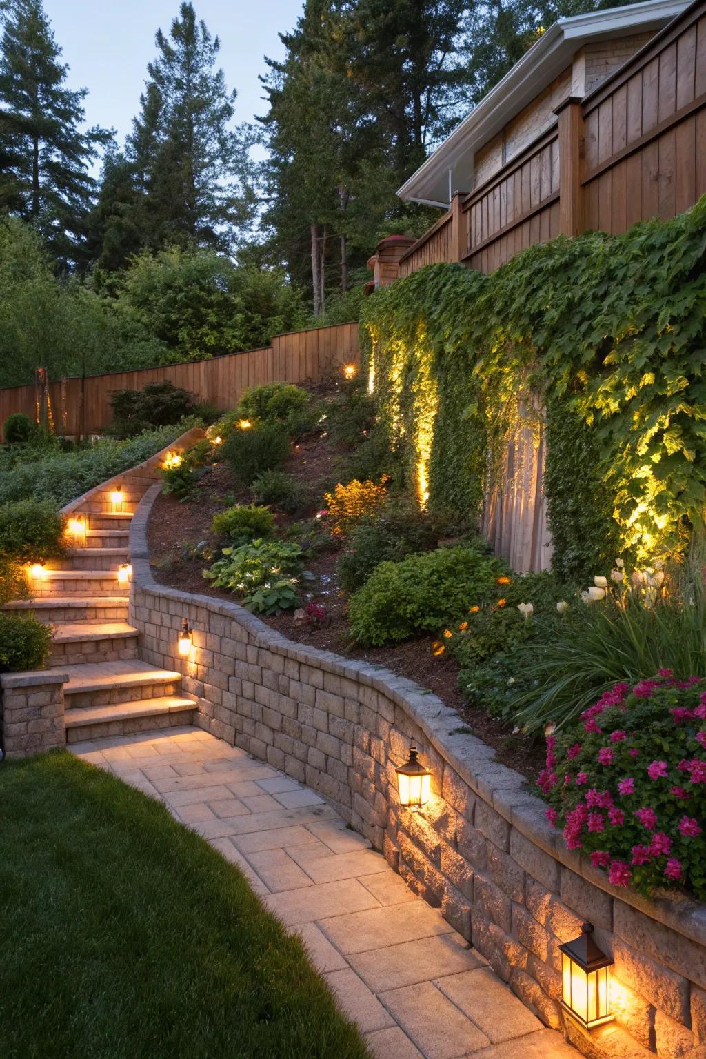 Integrated lighting enhances safety and ambiance in outdoor spaces.