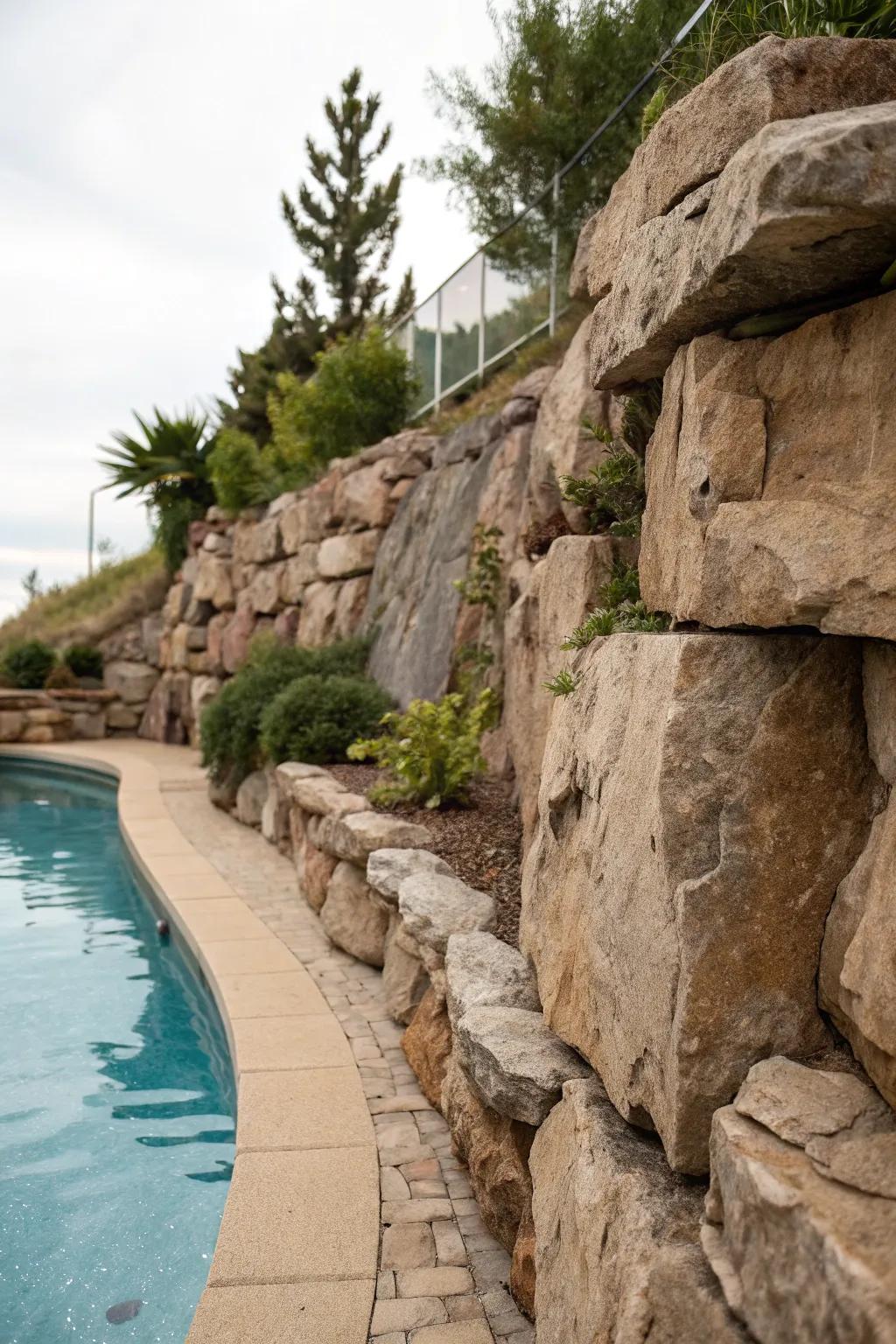 A rugged rocky retaining wall for an adventurous pool setting.