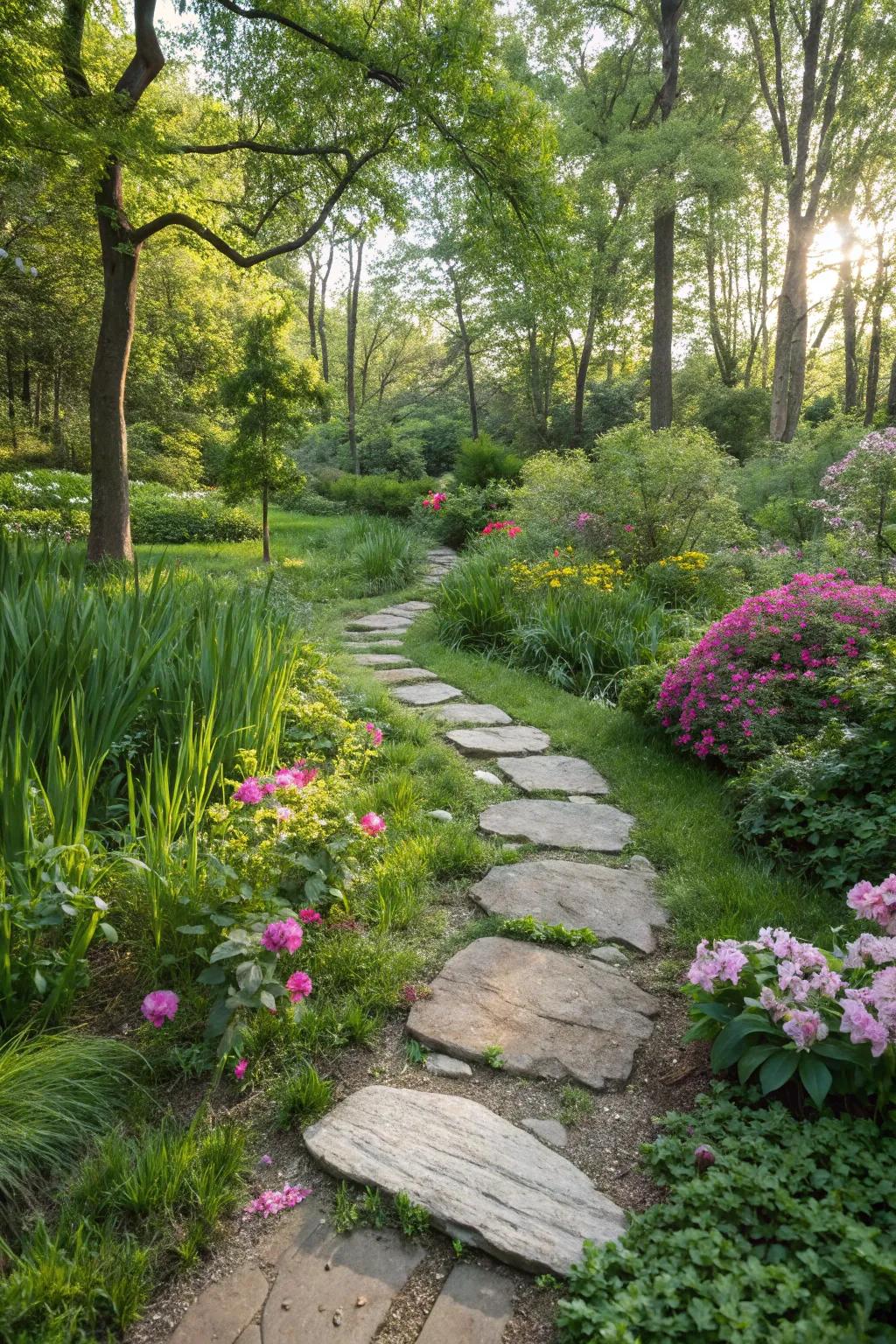 River stone footing stones fashion a charming and practical lawn path.