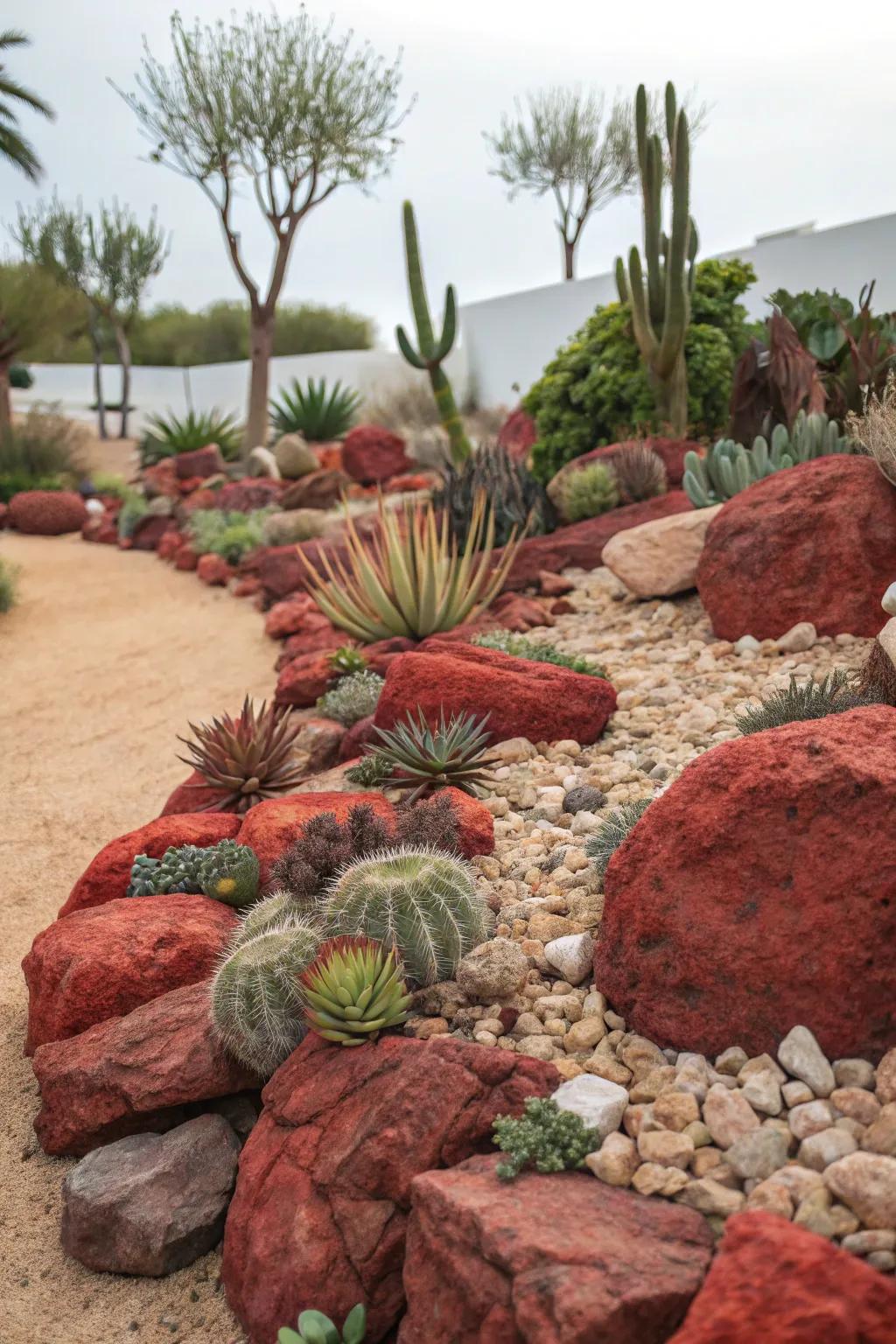 Bring the desert feel with volcanic stones and succulents.